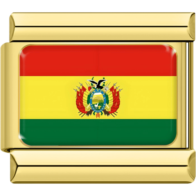 Italian charm featuring the flag of Bolivia with red, yellow, and green stripes and the national coat of arms centered in the yellow stripe